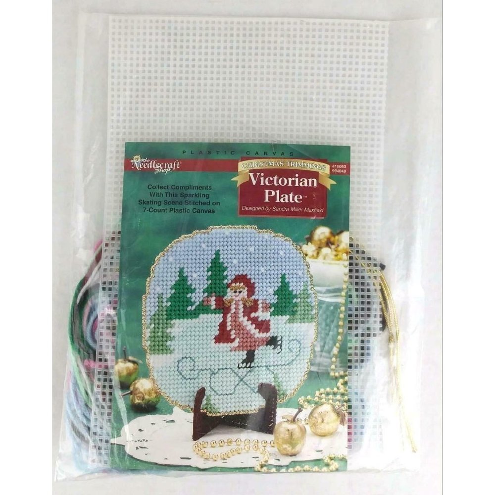 Christmas cross stitch kit Vintage Victorian Plate girl skate New Needlecraft Co